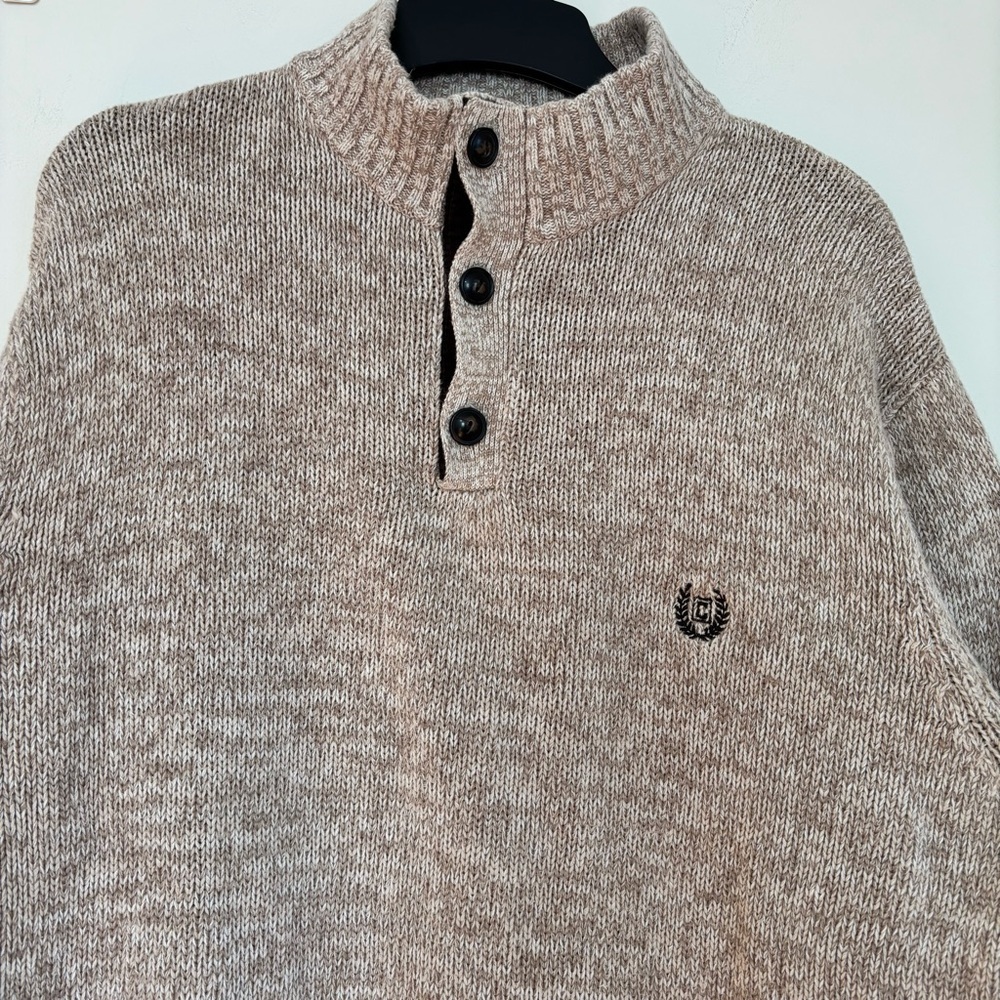 Chaps Men Beige Brown Quarter Button Long Sleeve Elbow Patch Cotton Knit sweater - Picture 6 of 16